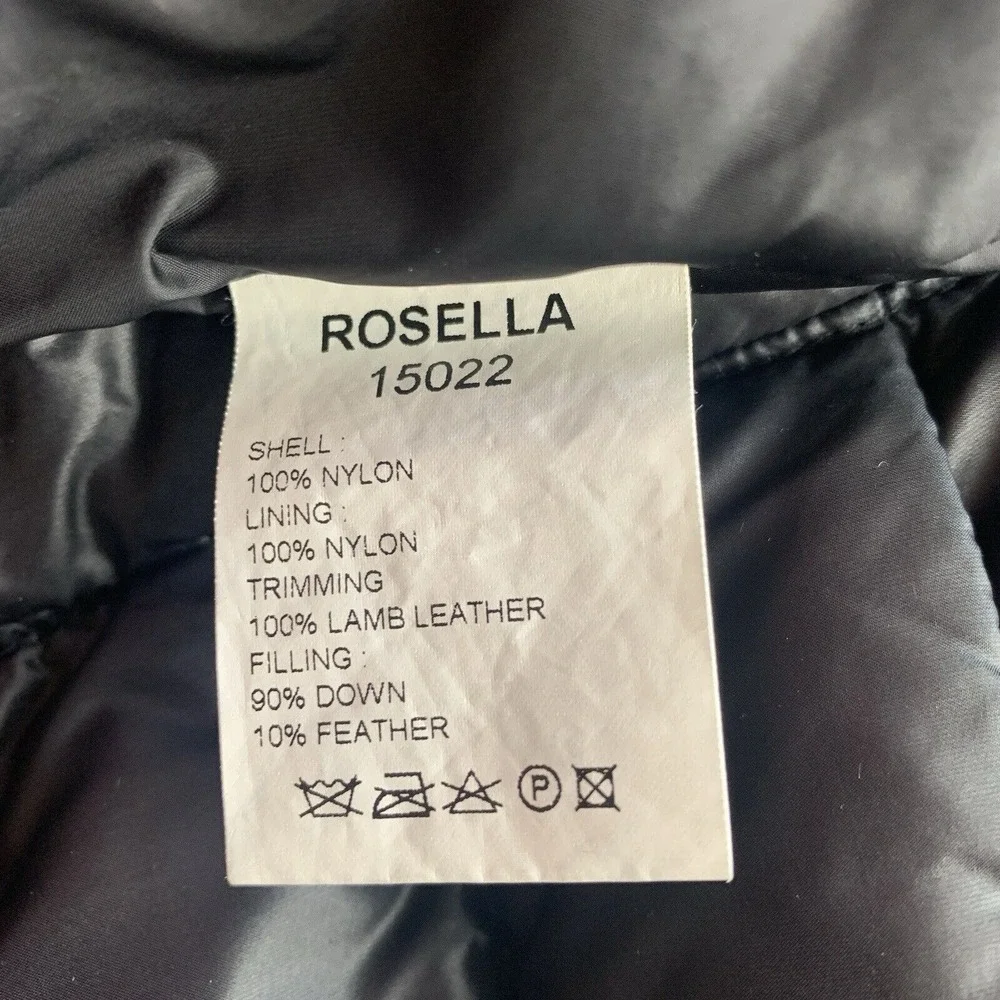 Womens Down Puffer Jacket Size Small Nylon Leather Hooded Black Chic Minimalist